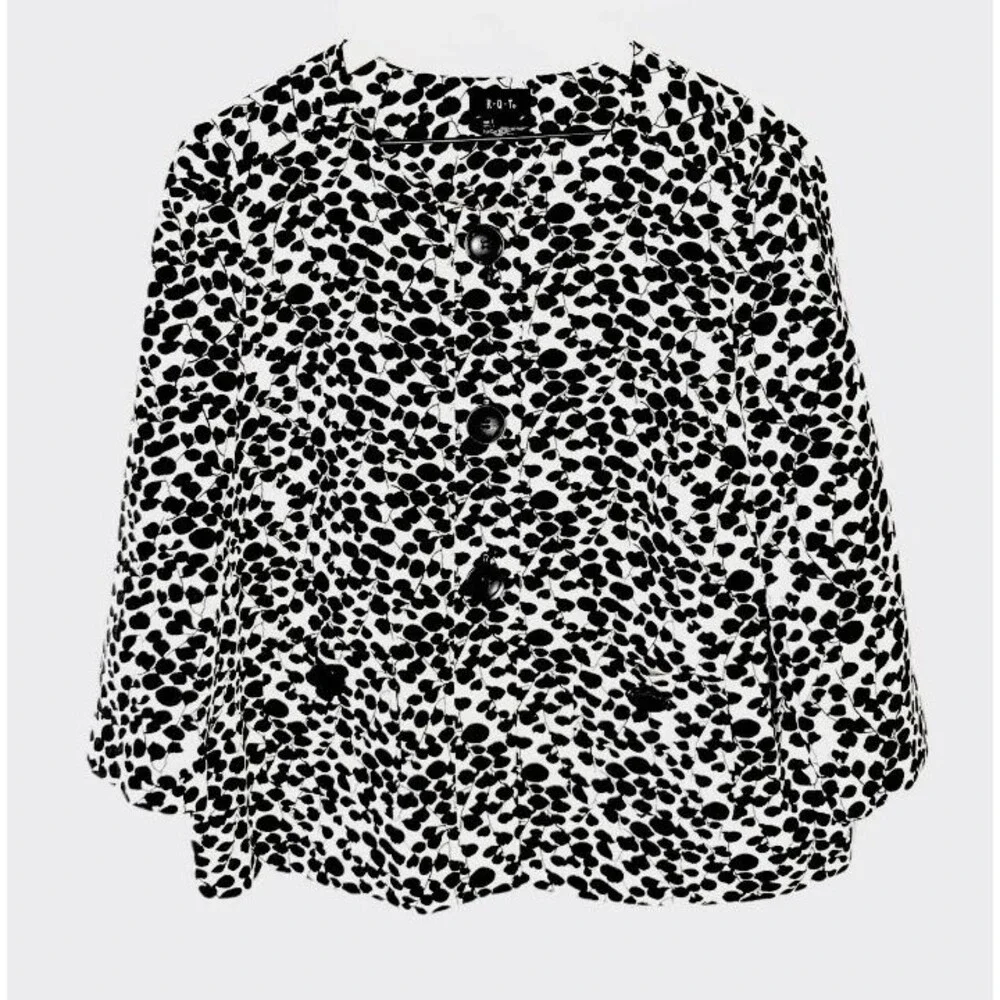 RQT Women’s Button Front Jacket Black White Polka Dot Abstract Artsy Chic L